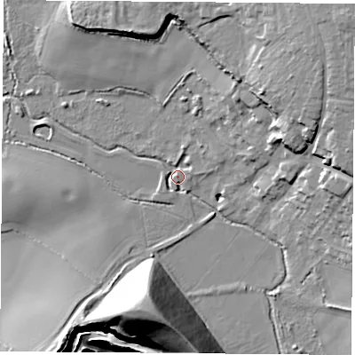 Shaded relief map of the ground around LE93GR, computed from Environment Agency LiDAR. The ground here sits at about 69 m above sea level and falls 53 m across the surrounding 800 m. Surface water reaching this point runs off ground lying to the north-east, 19.7 m higher.