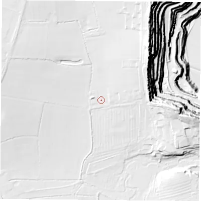 Shaded relief map of the ground around LE93GX, computed from Environment Agency LiDAR. The ground here sits at about 75 m above sea level and falls 147 m across the surrounding 800 m. Surface water reaching this point runs off ground lying to the north-east, 10.9 m higher.