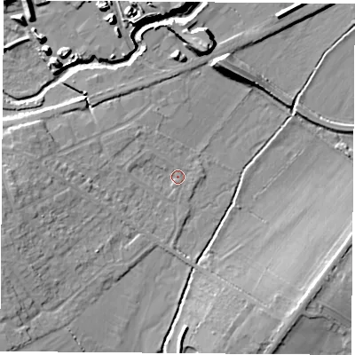 Shaded relief map of the ground around LE93HE, computed from Environment Agency LiDAR. The ground here sits at about 69 m above sea level and falls 10 m across the surrounding 800 m. Surface water reaching this point runs off ground lying to the west, 1.9 m higher.