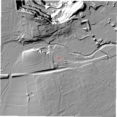 Shaded relief map of the ground around LE93HG, computed from Environment Agency LiDAR. The ground here sits at about 71 m above sea level and falls 140 m across the surrounding 800 m. Surface water reaching this point runs off ground lying to the west-south-west, 3.6 m higher.