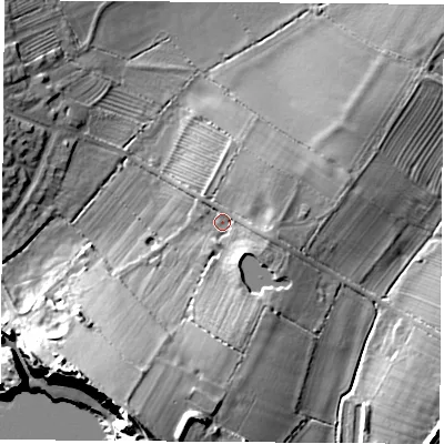 Shaded relief map of the ground around LE94JA, computed from Environment Agency LiDAR. The ground here sits at about 79 m above sea level and falls 30 m across the surrounding 800 m. Surface water reaching this point runs off ground lying to the south-east, 3.9 m higher.