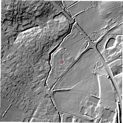 Shaded relief map of the ground around LE96HF, computed from Environment Agency LiDAR. The ground here sits at about 79 m above sea level and falls 13 m across the surrounding 800 m. Surface water reaching this point runs off ground lying to the south-south-west, 1.3 m higher.