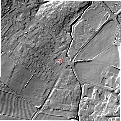 Shaded relief map of the ground around LE96HZ, computed from Environment Agency LiDAR. The ground here sits at about 80 m above sea level and falls 9 m across the surrounding 800 m. Surface water reaching this point runs off ground lying to the south-east, 7.6 m higher.