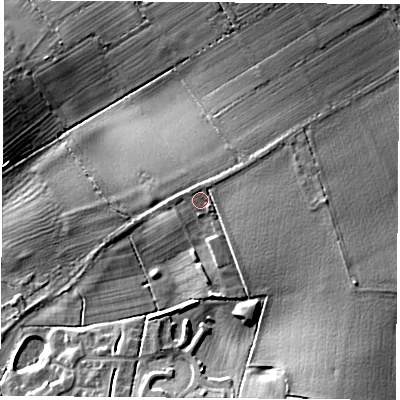 Shaded relief map of the ground around LE96PA, computed from Environment Agency LiDAR. The ground here sits at about 92 m above sea level and falls 22 m across the surrounding 800 m. Surface water reaching this point runs off ground lying to the north-east, 2.1 m higher.