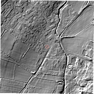 Shaded relief map of the ground around LE96PE, computed from Environment Agency LiDAR. The ground here sits at about 80 m above sea level and falls 10 m across the surrounding 800 m. Surface water reaching this point runs off ground lying to the west, 4.9 m higher.