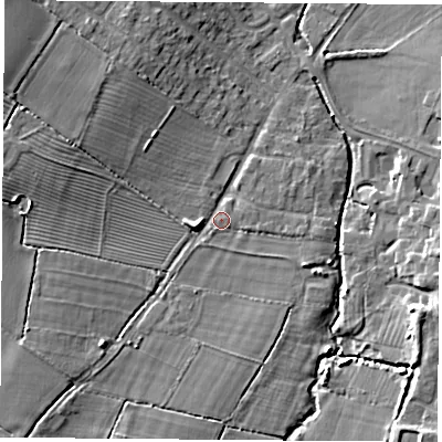 Shaded relief map of the ground around LE96PF, computed from Environment Agency LiDAR. The ground here sits at about 82 m above sea level and falls 9 m across the surrounding 800 m. Surface water reaching this point runs off ground lying to the south-west, 5.9 m higher.