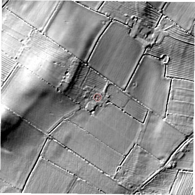Shaded relief map of the ground around LE96PG, computed from Environment Agency LiDAR. The ground here sits at about 90 m above sea level and falls 15 m across the surrounding 800 m. Surface water reaching this point runs off ground lying to the west-north-west, 5.3 m higher.
