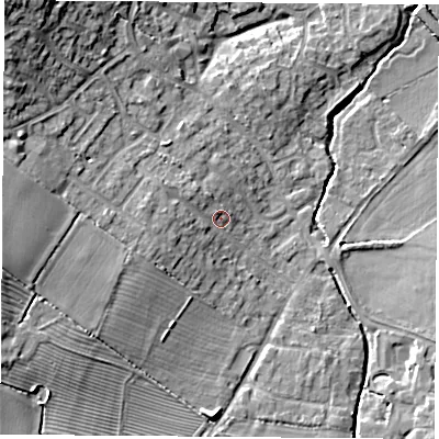 Shaded relief map of the ground around LE96PL, computed from Environment Agency LiDAR. The ground here sits at about 82 m above sea level and falls 15 m across the surrounding 800 m. Surface water reaching this point runs off ground lying to the west, 2.8 m higher.