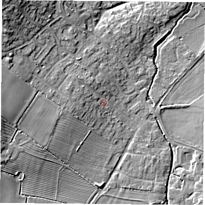 Shaded relief map of the ground around LE96PN, computed from Environment Agency LiDAR. The ground here sits at about 82 m above sea level and falls 14 m across the surrounding 800 m. Surface water reaching this point runs off ground lying to the west-north-west, 3.2 m higher.