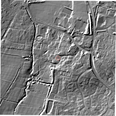 Shaded relief map of the ground around LE96PQ, computed from Environment Agency LiDAR. The ground here sits at about 84 m above sea level and falls 12 m across the surrounding 800 m. Surface water reaching this point runs off ground lying to the east-south-east, 4.5 m higher.
