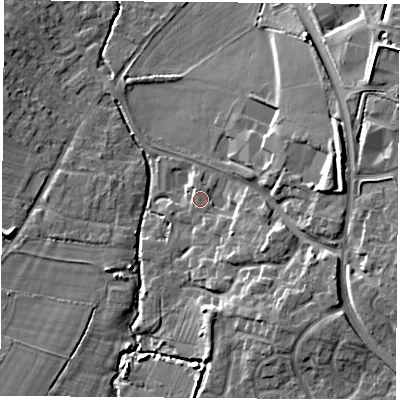 Shaded relief map of the ground around LE96PR, computed from Environment Agency LiDAR. The ground here sits at about 82 m above sea level and falls 12 m across the surrounding 800 m. Surface water reaching this point runs off ground lying to the east-south-east, 7.9 m higher.