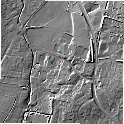 Shaded relief map of the ground around LE96PT, computed from Environment Agency LiDAR. The ground here sits at about 83 m above sea level and falls 13 m across the surrounding 800 m. Surface water reaching this point runs off ground lying to the east-south-east, 9.1 m higher.