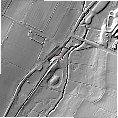 Shaded relief map of the ground around LE96QD, computed from Environment Agency LiDAR. The ground here sits at about 73 m above sea level and falls 17 m across the surrounding 800 m. Surface water reaching this point runs off ground lying to the west-south-west, 6.8 m higher.