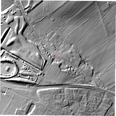 Shaded relief map of the ground around LE96QF, computed from Environment Agency LiDAR. The ground here sits at about 87 m above sea level and falls 20 m across the surrounding 800 m. Surface water reaching this point runs off ground lying to the south-south-west, 7.6 m higher.