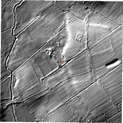 Shaded relief map of the ground around LE96RB, computed from Environment Agency LiDAR. The ground here sits at about 80 m above sea level and falls 22 m across the surrounding 800 m. Surface water reaching this point runs off ground lying to the east-north-east, 6.1 m higher.