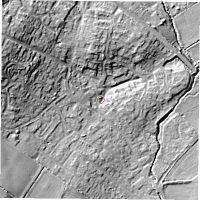 Shaded relief map of the ground around LE96RD, computed from Environment Agency LiDAR. The ground here sits at about 80 m above sea level and falls 19 m across the surrounding 800 m. Surface water reaching this point runs off ground lying to the west-north-west, 15.2 m higher.