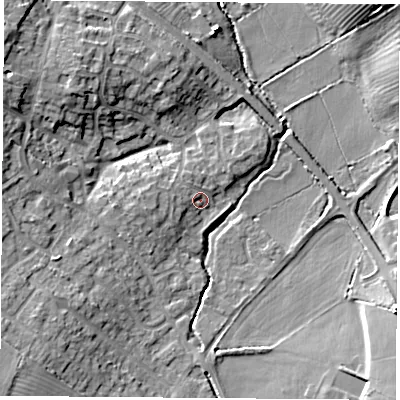 Shaded relief map of the ground around LE96RN, computed from Environment Agency LiDAR. The ground here sits at about 80 m above sea level and falls 11 m across the surrounding 800 m. Surface water reaching this point runs off ground lying to the west, 2.2 m higher.