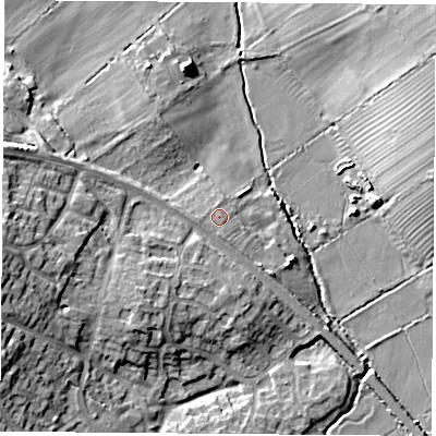 Shaded relief map of the ground around LE96SN, computed from Environment Agency LiDAR. The ground here sits at about 81 m above sea level and falls 16 m across the surrounding 800 m. Surface water reaching this point runs off ground lying to the west-south-west, 1.7 m higher.