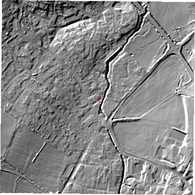 Shaded relief map of the ground around LE96SP, computed from Environment Agency LiDAR. The ground here sits at about 80 m above sea level and falls 9 m across the surrounding 800 m. Surface water reaching this point runs off ground lying to the west-south-west, 6.3 m higher.