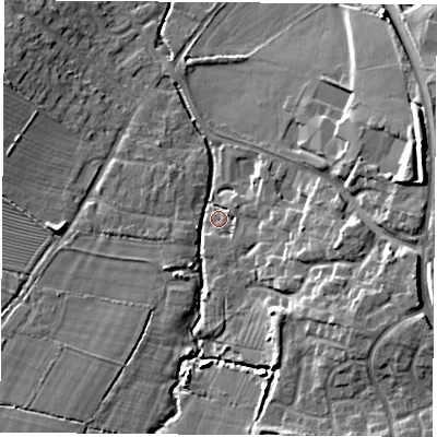 Shaded relief map of the ground around LE96XS, computed from Environment Agency LiDAR. The ground here sits at about 81 m above sea level and falls 11 m across the surrounding 800 m. Surface water reaching this point runs off ground lying to the east, 3.6 m higher.