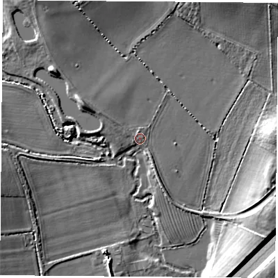 Shaded relief map of the ground around LE97NU, computed from Environment Agency LiDAR. The ground here sits at about 75 m above sea level and falls 10 m across the surrounding 800 m. Surface water reaching this point runs off ground lying to the north, 1.2 m higher.