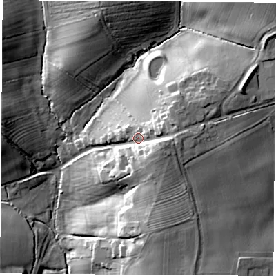 Shaded relief map of the ground around LE97RE, computed from Environment Agency LiDAR. The ground here sits at about 116 m above sea level and falls 26 m across the surrounding 800 m. Surface water reaching this point runs off ground lying to the east-south-east, 10.9 m higher.