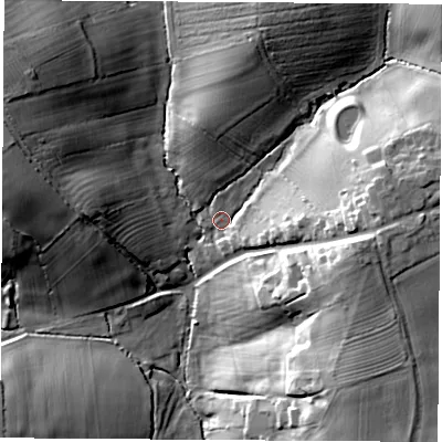 Shaded relief map of the ground around LE97RH, computed from Environment Agency LiDAR. The ground here sits at about 104 m above sea level and falls 26 m across the surrounding 800 m. Surface water reaching this point runs off ground lying to the east, 20.8 m higher.
