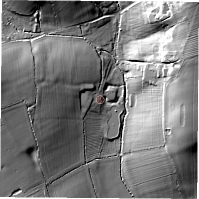 Shaded relief map of the ground around LE97RJ, computed from Environment Agency LiDAR. The ground here sits at about 103 m above sea level and falls 29 m across the surrounding 800 m. Surface water reaching this point runs off ground lying to the west, 5.6 m higher.