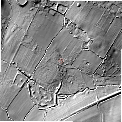Shaded relief map of the ground around LE97SB, computed from Environment Agency LiDAR. The ground here sits at about 89 m above sea level and falls 18 m across the surrounding 800 m. Surface water reaching this point runs off ground lying to the north-north-east, 14.0 m higher.