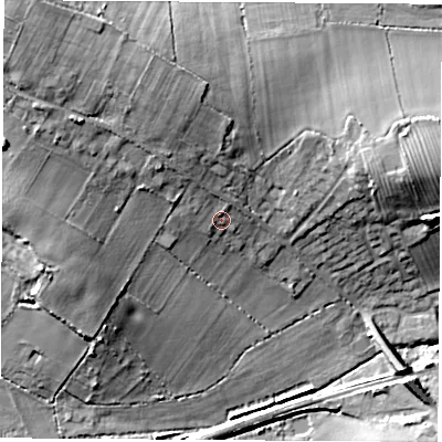 Shaded relief map of the ground around LE97SG, computed from Environment Agency LiDAR. The ground here sits at about 92 m above sea level and falls 24 m across the surrounding 800 m. Surface water reaching this point runs off ground lying to the north-west, 4.0 m higher.