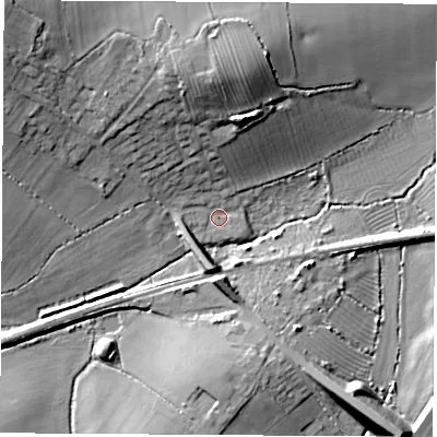 Shaded relief map of the ground around LE97SR, computed from Environment Agency LiDAR. The ground here sits at about 83 m above sea level and falls 19 m across the surrounding 800 m. Surface water reaching this point runs off ground lying to the north-north-west, 4.2 m higher.