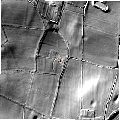 Shaded relief map of the ground around LE97TB, computed from Environment Agency LiDAR. The ground here sits at about 82 m above sea level and falls 24 m across the surrounding 800 m. Surface water reaching this point runs off ground lying to the west-north-west, 6.0 m higher.