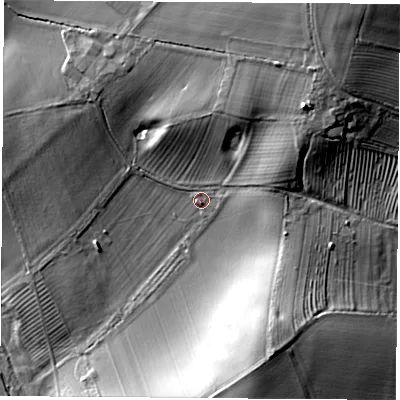 Shaded relief map of the ground around LE97TG, computed from Environment Agency LiDAR. The ground here sits at about 88 m above sea level and falls 29 m across the surrounding 800 m. Surface water reaching this point runs off ground lying to the north-east, 17.8 m higher.