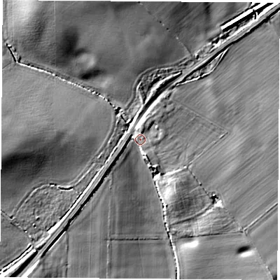 Shaded relief map of the ground around LE97TJ, computed from Environment Agency LiDAR. The ground here sits at about 91 m above sea level and falls 20 m across the surrounding 800 m. Surface water reaching this point runs off ground lying to the north-north-west, 14.5 m higher.