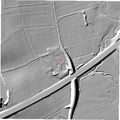 Shaded relief map of the ground around LE97TR, computed from Environment Agency LiDAR. The ground here sits at about 75 m above sea level and falls 15 m across the surrounding 800 m. Surface water reaching this point runs off ground lying to the south-west, 8.9 m higher.