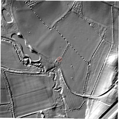 Shaded relief map of the ground around LE97TS, computed from Environment Agency LiDAR. The ground here sits at about 75 m above sea level and falls 11 m across the surrounding 800 m. Surface water reaching this point runs off ground lying to the west-north-west, 1.4 m higher.