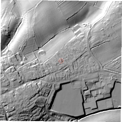 Shaded relief map of the ground around LE99FN, computed from Environment Agency LiDAR. The ground here sits at about 118 m above sea level and falls 38 m across the surrounding 800 m. Surface water reaching this point runs off ground lying to the south-west, 6.3 m higher.