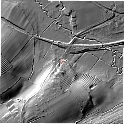 Shaded relief map of the ground around LE99FP, computed from Environment Agency LiDAR. The ground here sits at about 90 m above sea level and falls 29 m across the surrounding 800 m. Surface water reaching this point runs off ground lying to the south-south-west, 16.4 m higher.