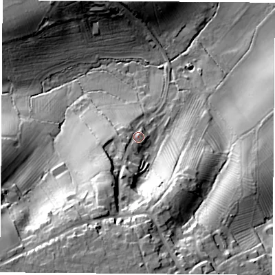 Shaded relief map of the ground around LE99GN, computed from Environment Agency LiDAR. The ground here sits at about 112 m above sea level and falls 41 m across the surrounding 800 m. Surface water reaching this point runs off ground lying to the south-south-west, 19.1 m higher.