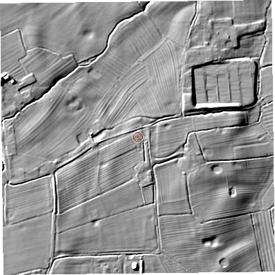 Shaded relief map of the ground around LL139RT, computed from Environment Agency LiDAR. The ground here sits at about 17 m above sea level and falls 19 m across the surrounding 800 m. Surface water reaching this point runs off ground lying to the south-west, 8.1 m higher.