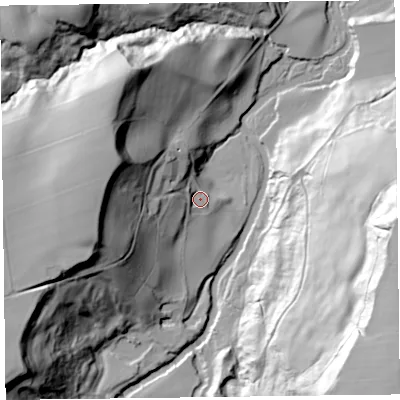 Shaded relief map of the ground around LL145BH, computed from Environment Agency LiDAR. The ground here sits at about 51 m above sea level and falls 70 m across the surrounding 800 m. Surface water reaching this point runs off ground lying to the west, 43.9 m higher.