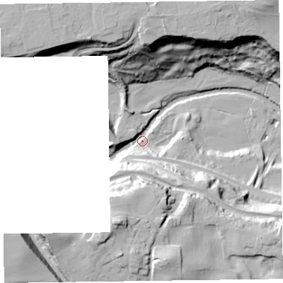 Shaded relief map of the ground around LL145BU, computed from Environment Agency LiDAR. The ground here sits at about 71 m above sea level and falls 54 m across the surrounding 800 m. Surface water reaching this point runs off ground lying to the south-east, 28.1 m higher.