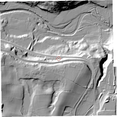 Shaded relief map of the ground around LL145DF, computed from Environment Agency LiDAR. The ground here sits at about 87 m above sea level and falls 52 m across the surrounding 800 m. Surface water reaching this point runs off ground lying to the south-south-east, 17.3 m higher.