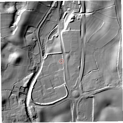 Shaded relief map of the ground around LL145DG, computed from Environment Agency LiDAR. The ground here sits at about 97 m above sea level and falls 21 m across the surrounding 800 m. Surface water reaching this point runs off ground lying to the east-south-east, 9.4 m higher.
