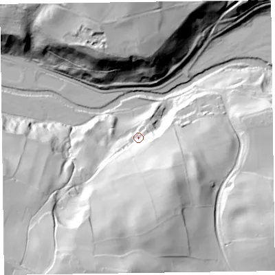 Shaded relief map of the ground around LL145EW, computed from Environment Agency LiDAR. The ground here sits at about 98 m above sea level and falls 86 m across the surrounding 800 m. Surface water reaching this point runs off ground lying to the south-south-east, 53.6 m higher.