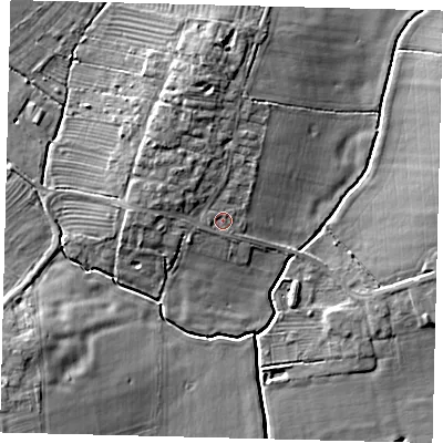 Shaded relief map of the ground around LN105DT, computed from Environment Agency LiDAR. The ground here sits at about 8 m above sea level and falls 9 m across the surrounding 800 m. Surface water reaching this point runs off ground lying to the north-west, 2.9 m higher.
