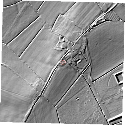 Shaded relief map of the ground around LN105DX, computed from Environment Agency LiDAR. The ground here sits at about 7 m above sea level and falls 7 m across the surrounding 800 m. Surface water reaching this point runs off ground lying to the north-north-west, 1.2 m higher.