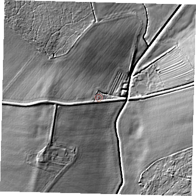 Shaded relief map of the ground around LN105EB, computed from Environment Agency LiDAR. The ground here sits at about 9 m above sea level and falls 8 m across the surrounding 800 m. Surface water reaching this point runs off ground lying to the west-south-west, 3.8 m higher.