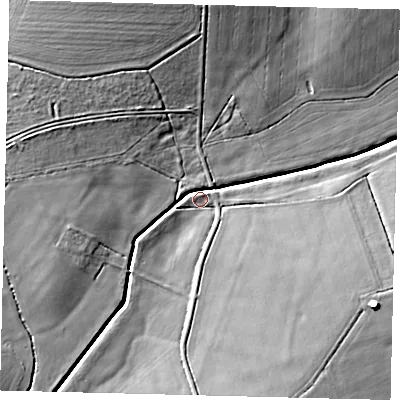 Shaded relief map of the ground around LN105ED, computed from Environment Agency LiDAR. The ground here sits at about 10 m above sea level and falls 14 m across the surrounding 800 m. Surface water reaching this point runs off ground lying to the south-east, 11.2 m higher.