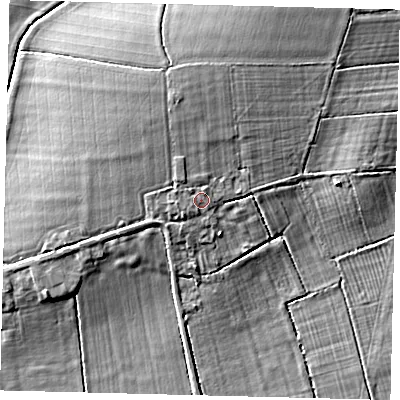 Shaded relief map of the ground around LN105EQ, computed from Environment Agency LiDAR. The ground here sits at about 10 m above sea level and falls 7 m across the surrounding 800 m. Surface water reaching this point runs off ground lying to the north-north-west, 1.0 m higher.